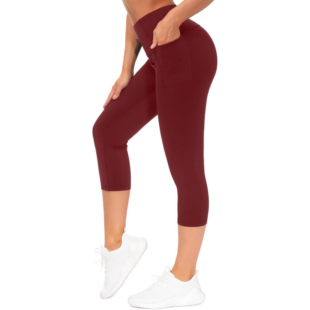 imageTHE GYM PEOPLE Tummy Control Workout Capris Leggings with Pockets High Waist Athletic Yoga Pants for Women Running HikingWine Red
