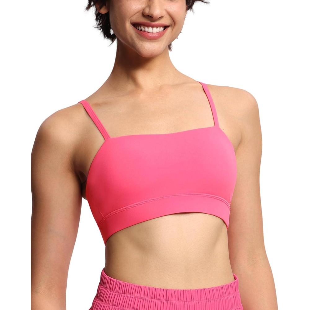 imageTHE GYM PEOPLE Womens Adjustable Spaghetti Strap Sports Bras Wirefree Workout Tops with Removable PaddedBright Pink