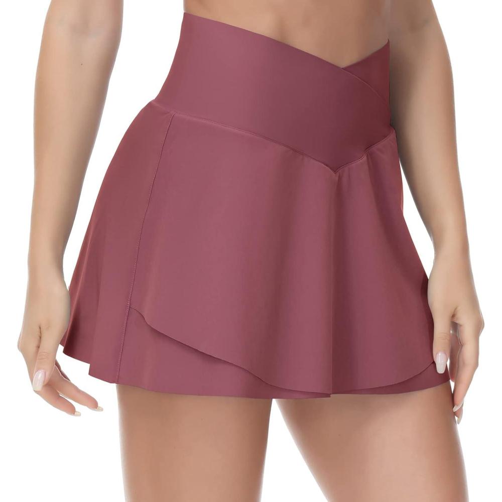 imageTHE GYM PEOPLE Womens Cross Waist Tennis Skirts with Cutting Hem Golf Skorts with Inner Mesh Pockets ShortsRed
