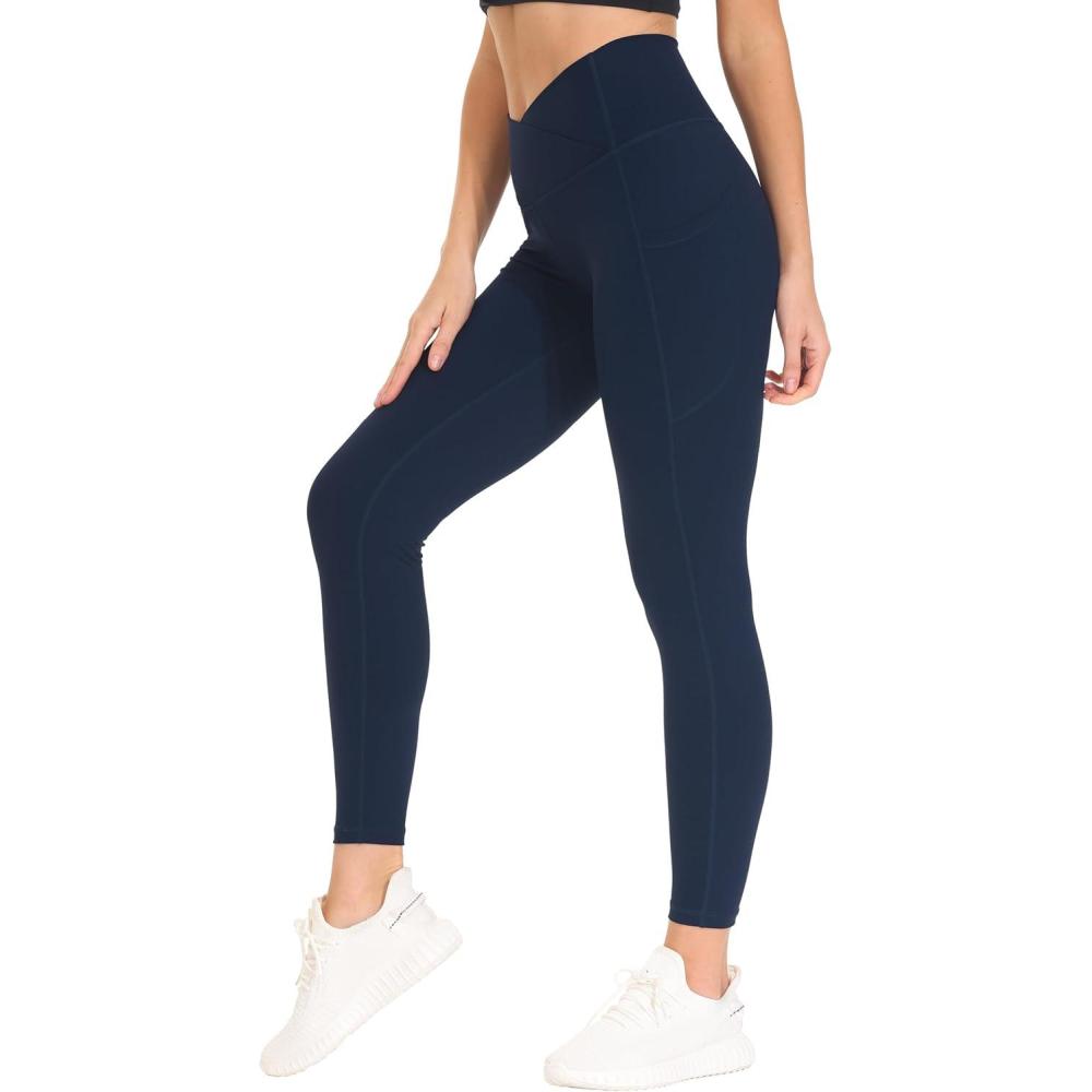 imageTHE GYM PEOPLE Womens Cross Waist Workout Leggings Tummy Control High Waisted Athletic Yoga Pants with PocketsBlue