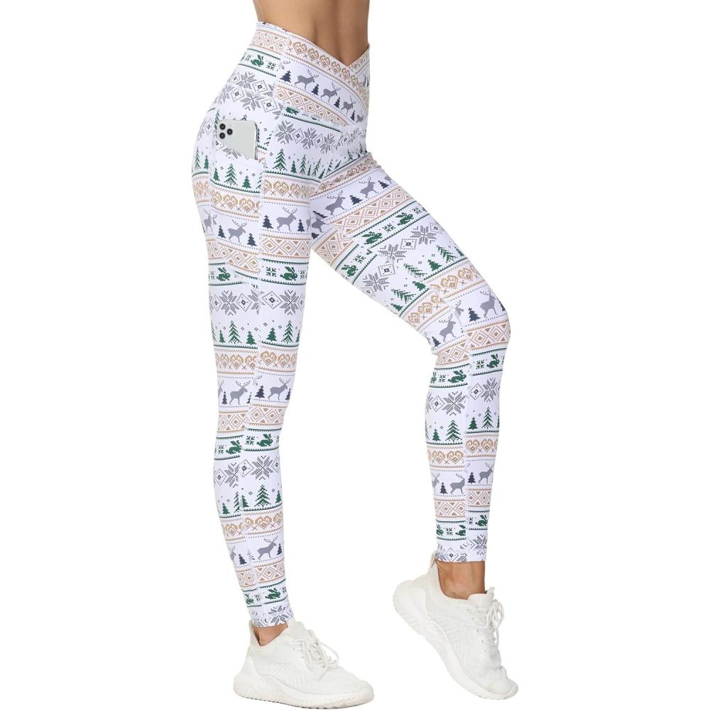 imageTHE GYM PEOPLE Womens Cross Waist Workout Leggings Tummy Control High Waisted Athletic Yoga Pants with PocketsXmas Print White