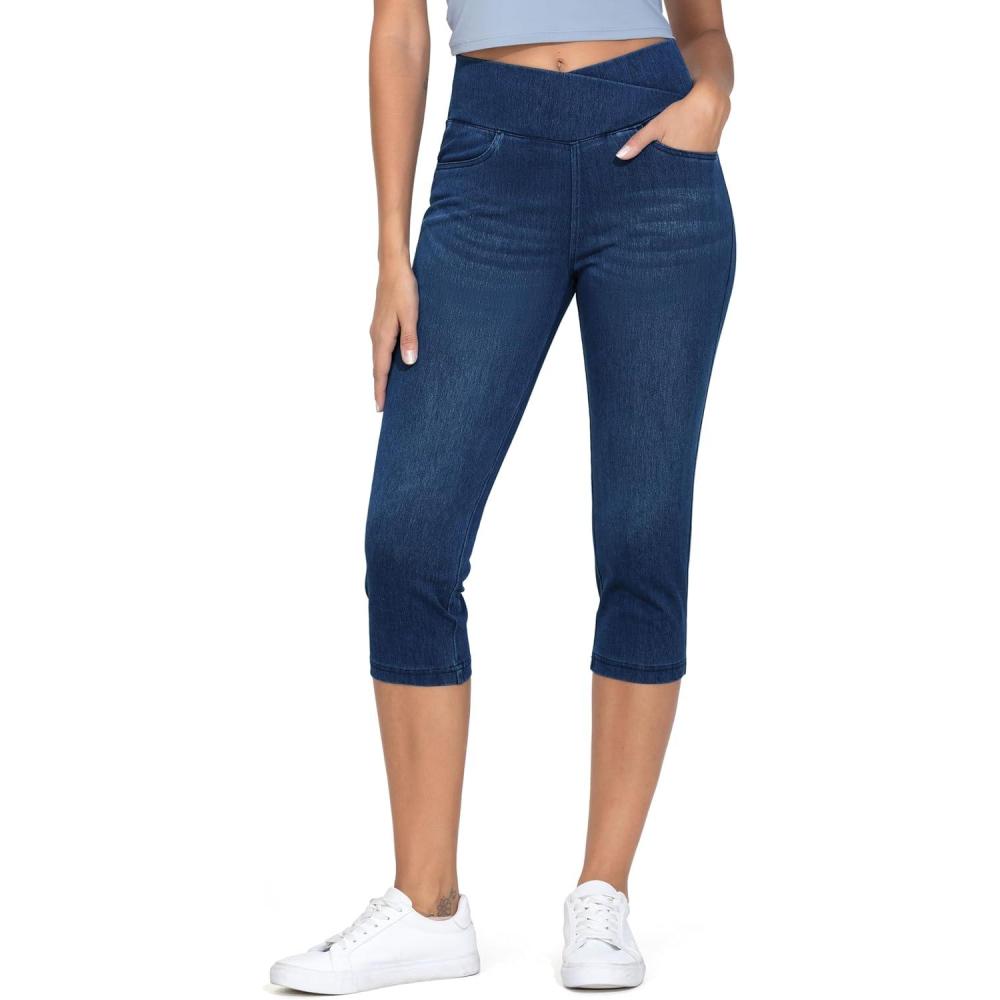 imageTHE GYM PEOPLE Womens Cross Waisted Stretchy Capri Denim Jeggings Tummy Control Skinny Jean Leggings with PocketsDark Blue