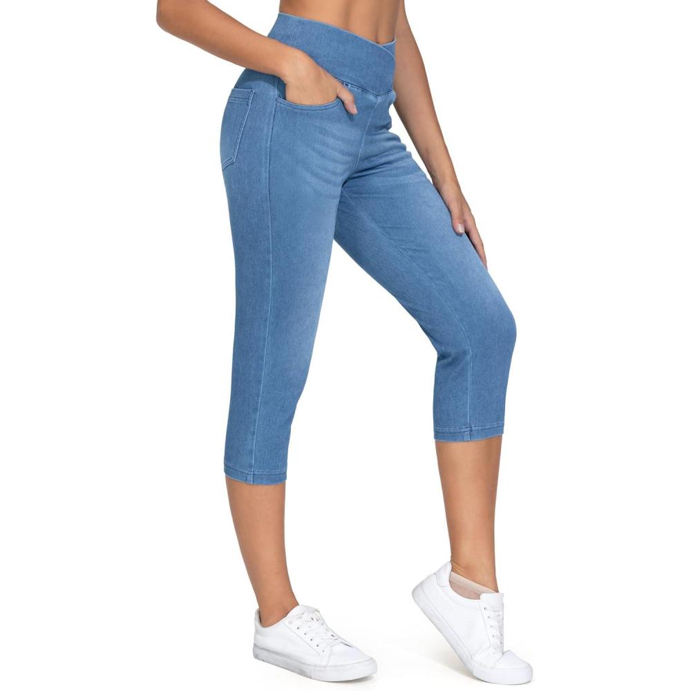 imageTHE GYM PEOPLE Womens Cross Waisted Stretchy Capri Denim Jeggings Tummy Control Skinny Jean Leggings with PocketsDenim Blue