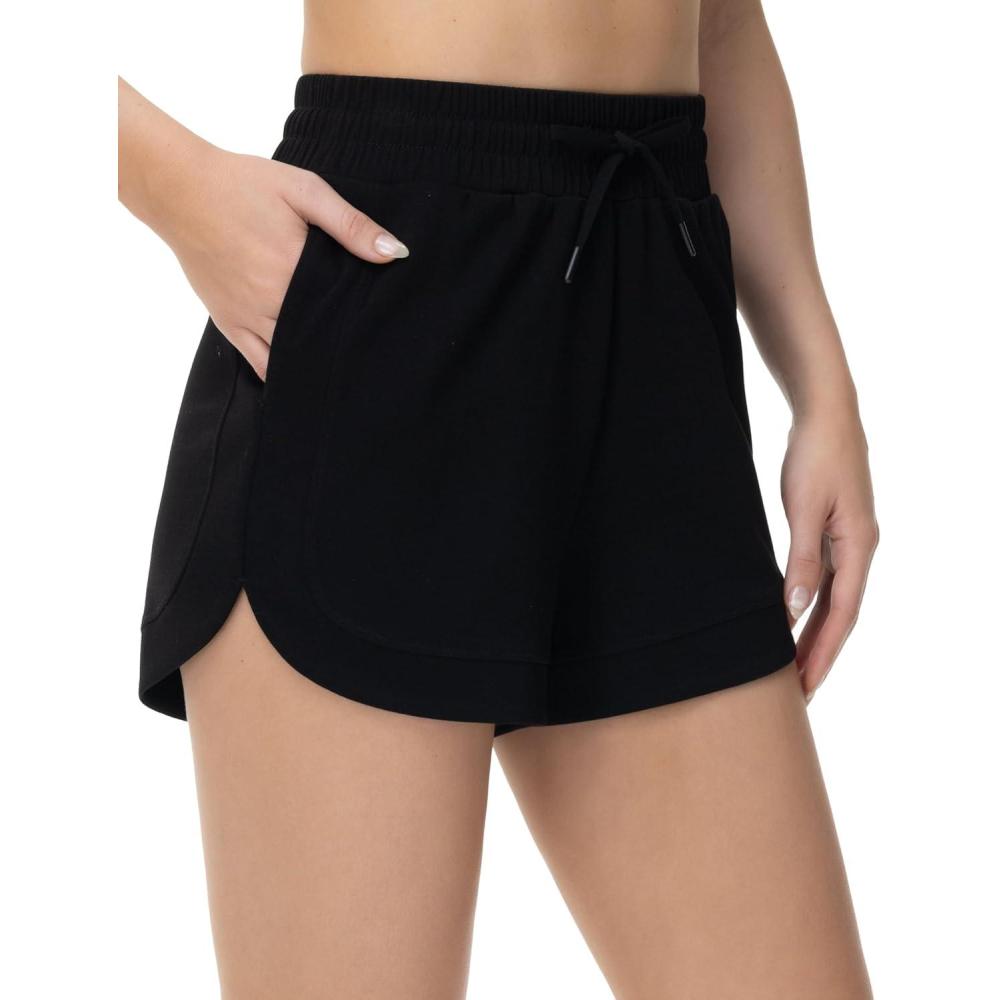 imageTHE GYM PEOPLE Womens Drawstring Sweat Shorts Soft Comfy Dolphin Workout Running Lounge Shorts with PocketsBlack