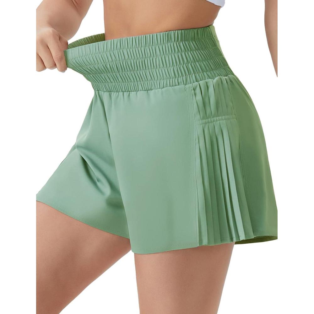 imageTHE GYM PEOPLE Womens High Waist Workout Shorts Side Pleated Athletic Running Shorts with Mesh Liner Zip PocketJasmine Green