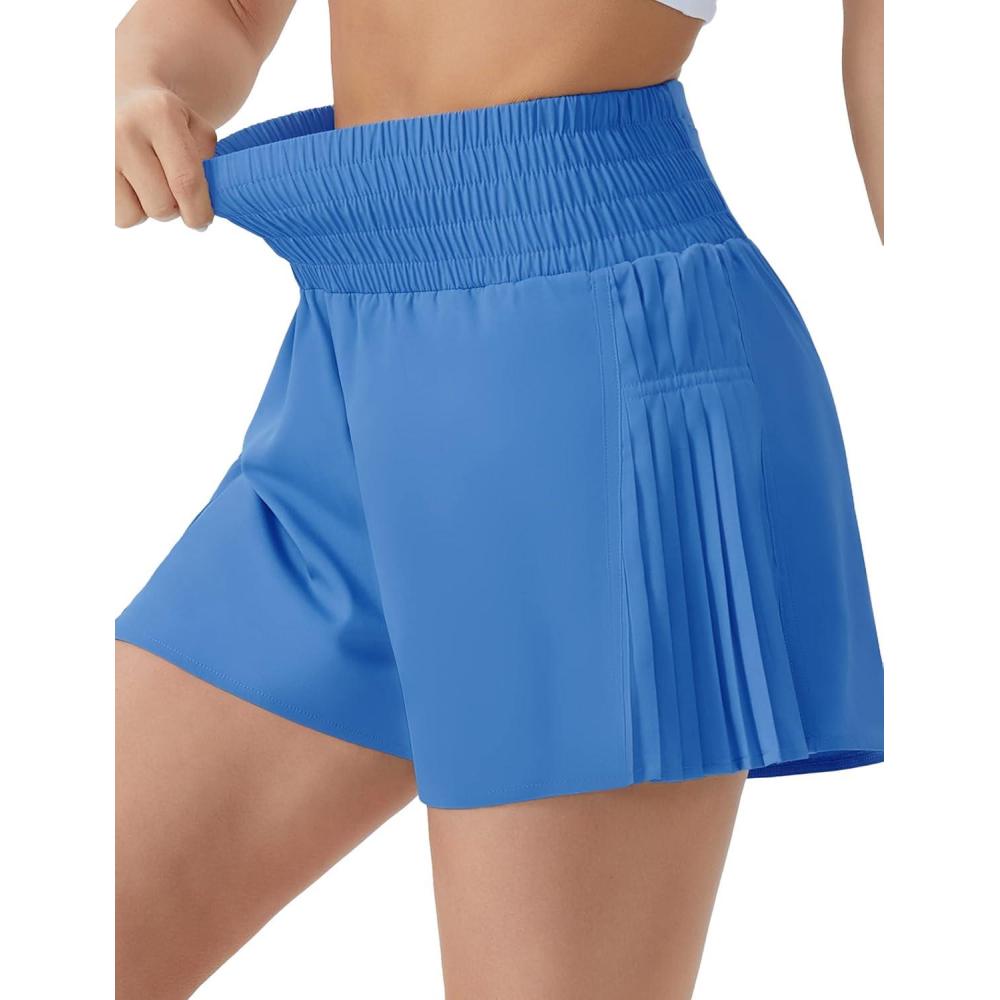 imageTHE GYM PEOPLE Womens High Waist Workout Shorts Side Pleated Athletic Running Shorts with Mesh Liner Zip PocketLight Blue