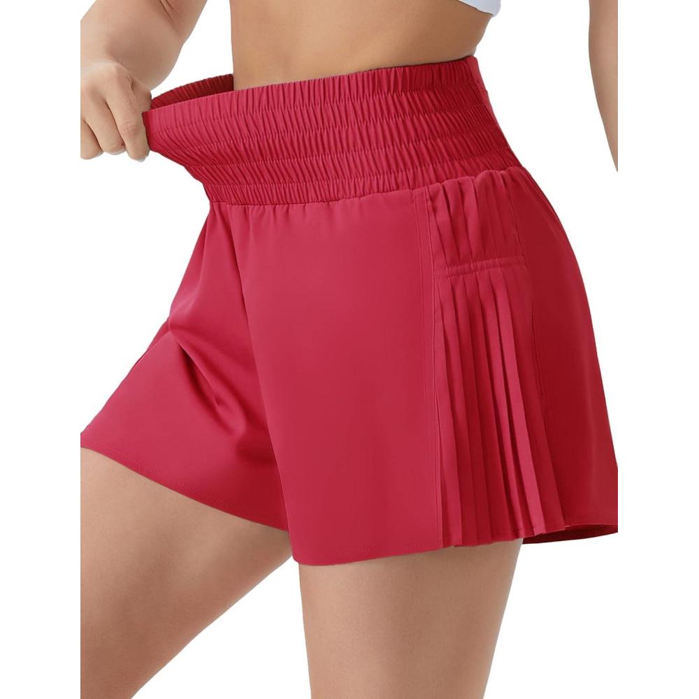 imageTHE GYM PEOPLE Womens High Waist Workout Shorts Side Pleated Athletic Running Shorts with Mesh Liner Zip PocketMagenta