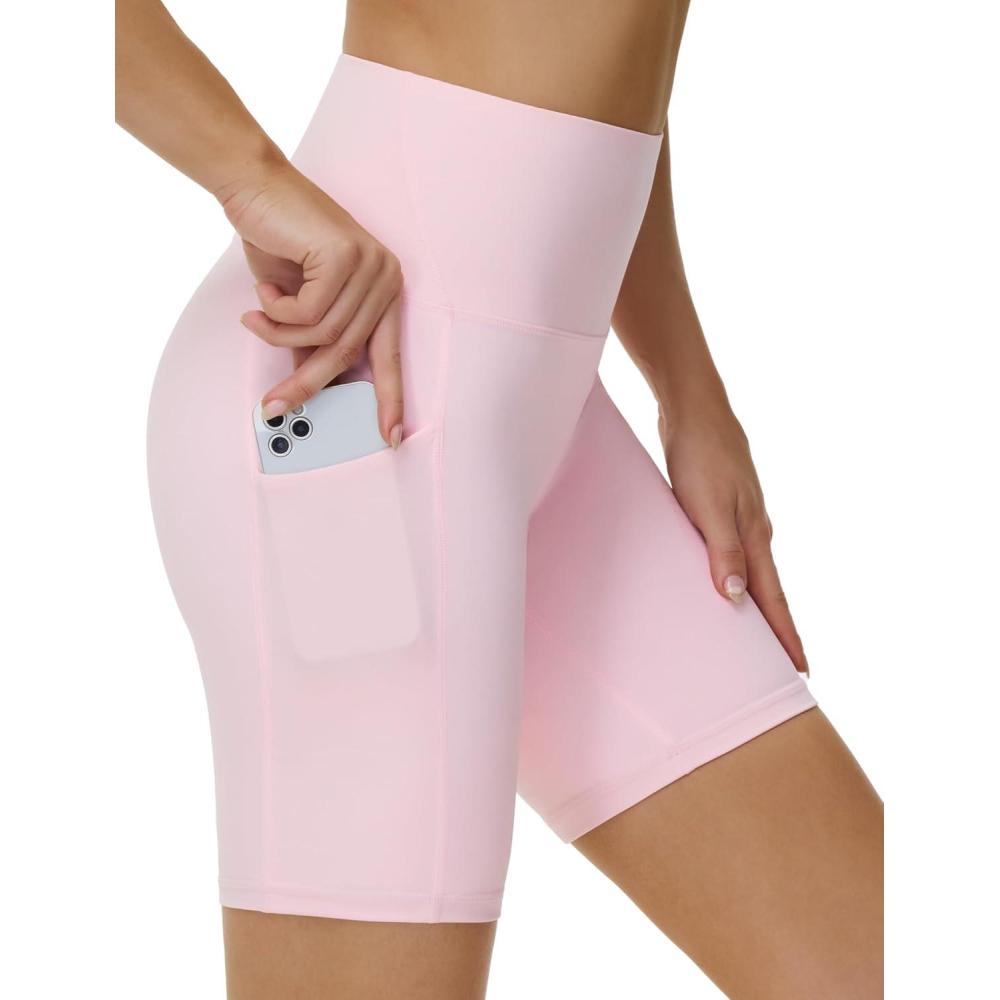 imageTHE GYM PEOPLE Womens High Waist Workout Shorts Stretchy Tummy Control Yoga Biker Running Shorts with PocketsLight Pink