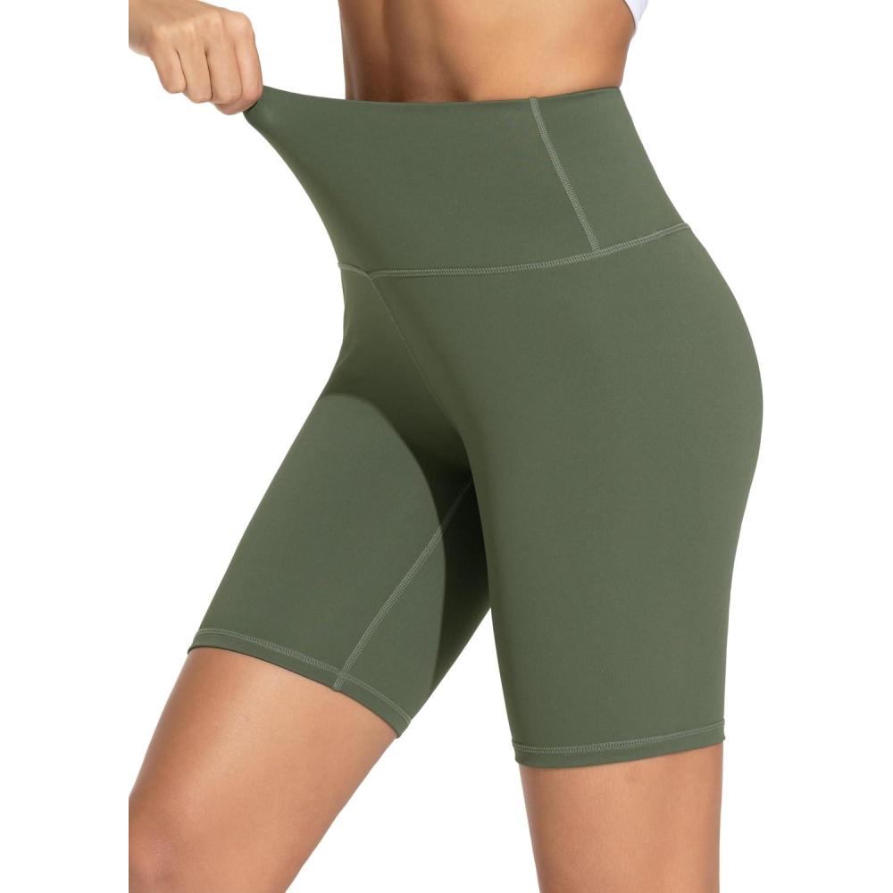 imageTHE GYM PEOPLE Womens High Waist Workout Yoga Shorts Tummy Control Stretchy Biker Running Athletic ShortsOlive Green
