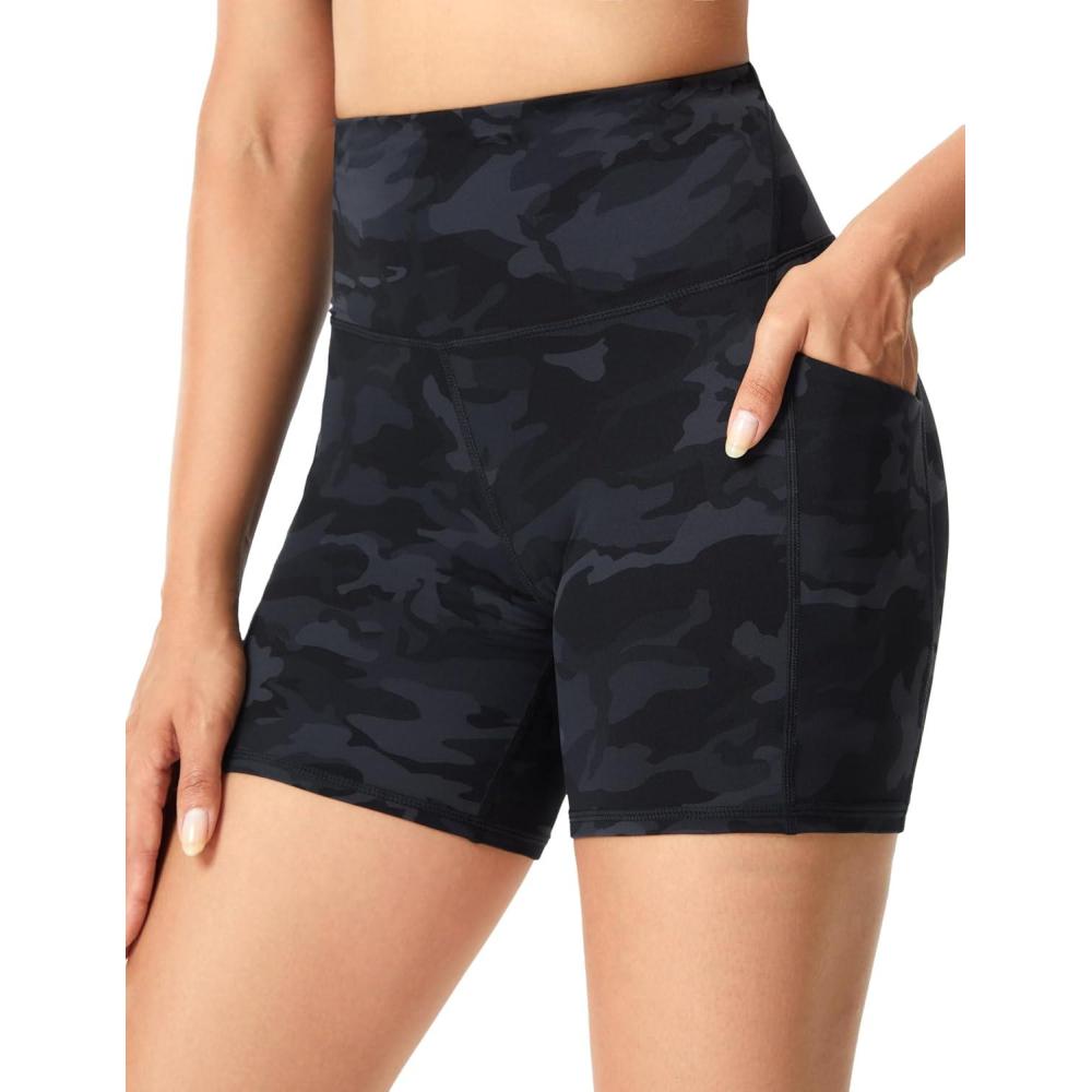 imageTHE GYM PEOPLE Womens High Waist Yoga Shorts 5quot Stretchy Tummy Control Biker Workout Running Short with Side PocketsBlack Camo