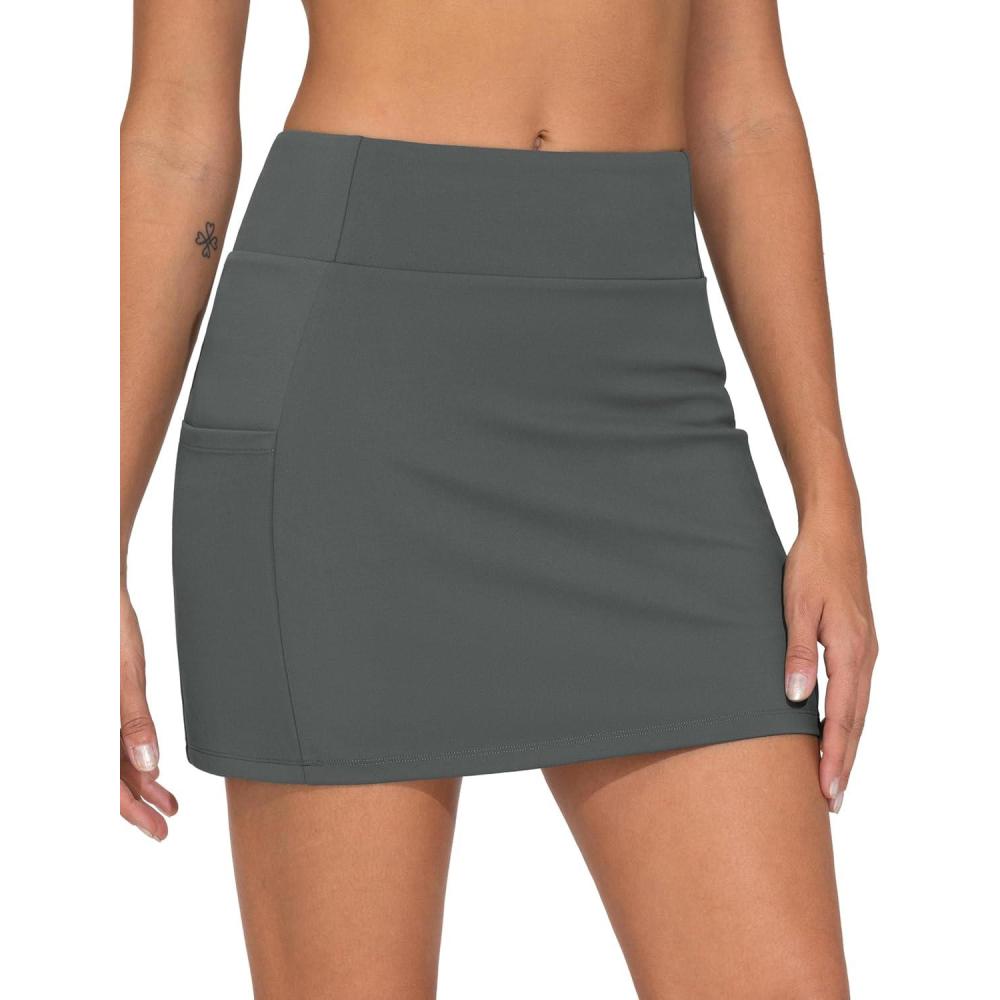 imageTHE GYM PEOPLE Womens High Waisted Golf Skorts Tennis Mini Athletic Active Skirts Builtin Shorts with 3 PocketsDark Grey