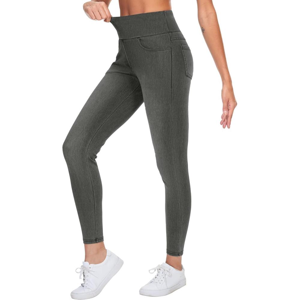 imageTHE GYM PEOPLE Womens High Waisted Jeggings Pants Stretchy Tummy Control Skinny Jean Leggings with PocketsBlack Grey