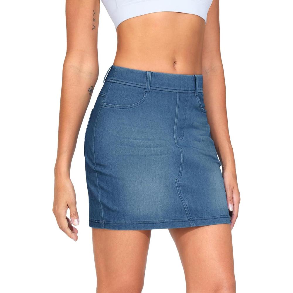 imageTHE GYM PEOPLE Womens High Waisted Mini Denim Skirts with Pockets Stretch Skinny Jean Bodycon SkirtsDenim Blue