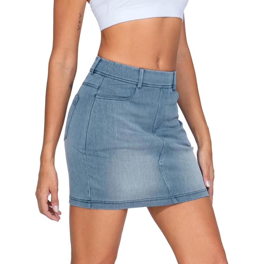imageTHE GYM PEOPLE Womens High Waisted Mini Denim Skirts with Pockets Stretch Skinny Jean Bodycon SkirtsDenim Light Blue