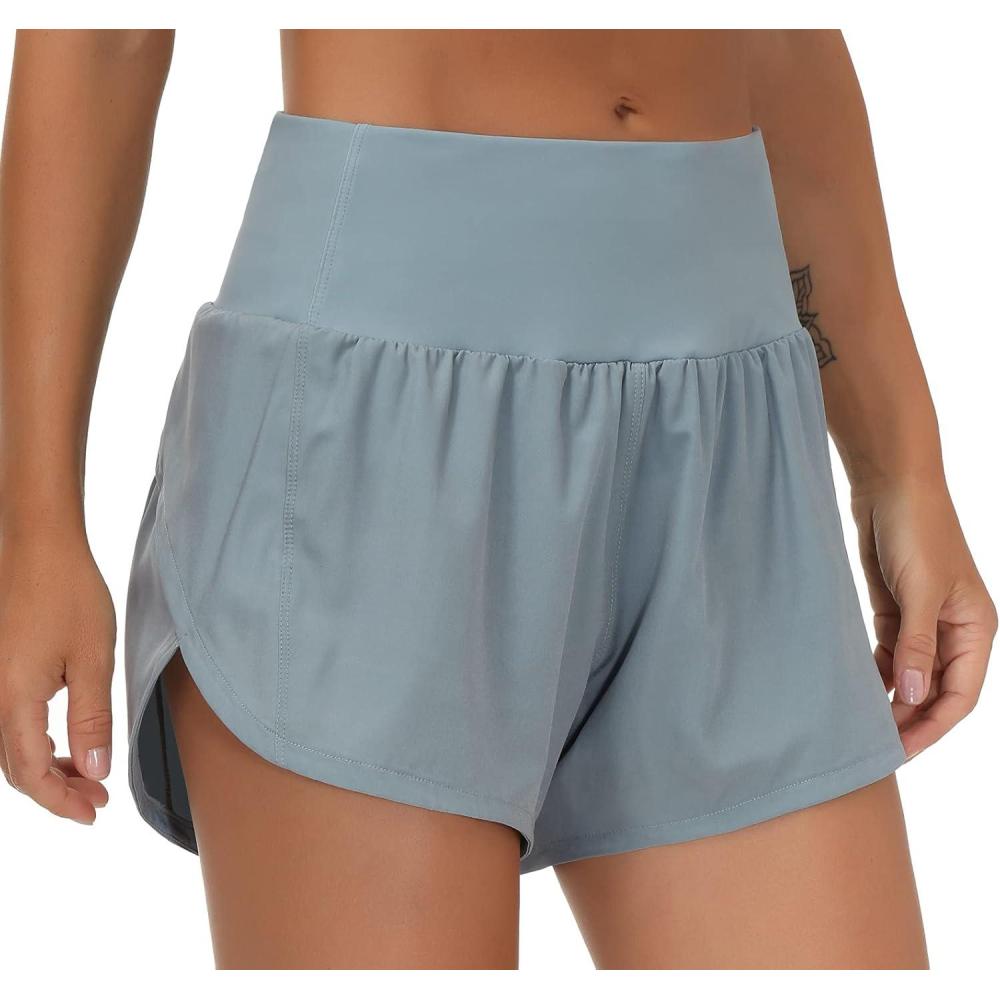 imageTHE GYM PEOPLE Womens High Waisted Running Shorts Quick Dry Athletic Workout Shorts with Mesh Liner Zipper PocketsDenim Blue