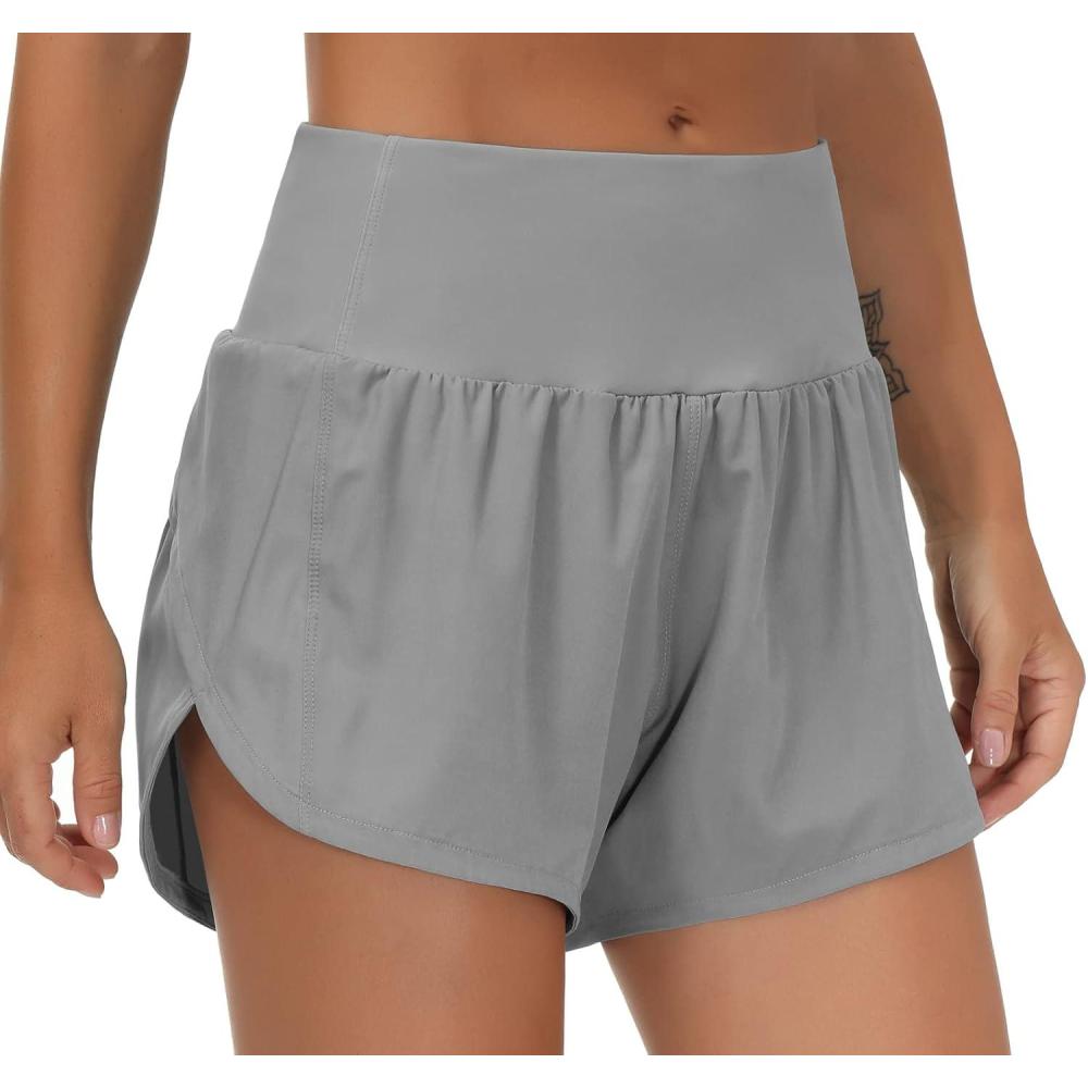 imageTHE GYM PEOPLE Womens High Waisted Running Shorts Quick Dry Athletic Workout Shorts with Mesh Liner Zipper PocketsLavender Grey