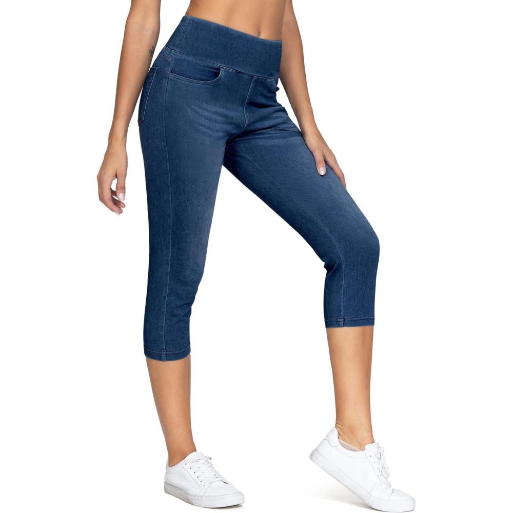 imageTHE GYM PEOPLE Womens High Waisted Stretchy Capri Jeggings Pants Tummy Control Pull on Skinny Jean Leggings with PocketsDark Blue
