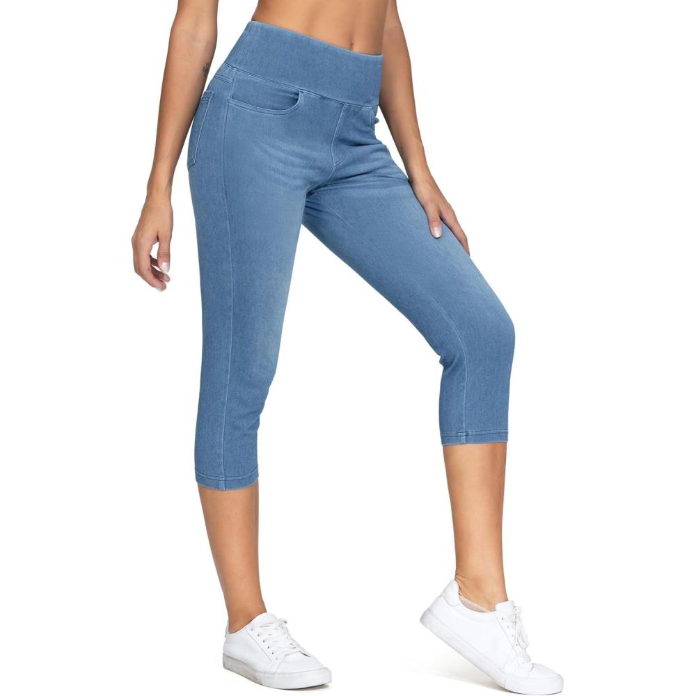 imageTHE GYM PEOPLE Womens High Waisted Stretchy Capri Jeggings Pants Tummy Control Pull on Skinny Jean Leggings with PocketsDenim Blue