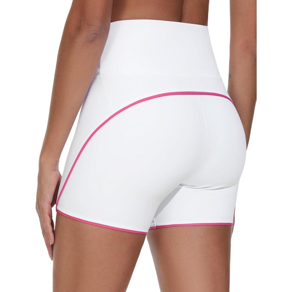 imageTHE GYM PEOPLE Womens High Waisted Workout Shorts Stretchy Breathable Dolphin Split Running Yoga Lounge ShortsWhite
