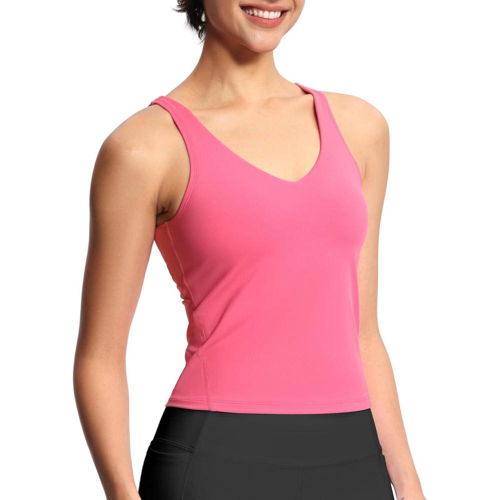 imageTHE GYM PEOPLE Womens Longline Sports Bra Wirefree Padded Workout Yoga Tank TopBright Pink