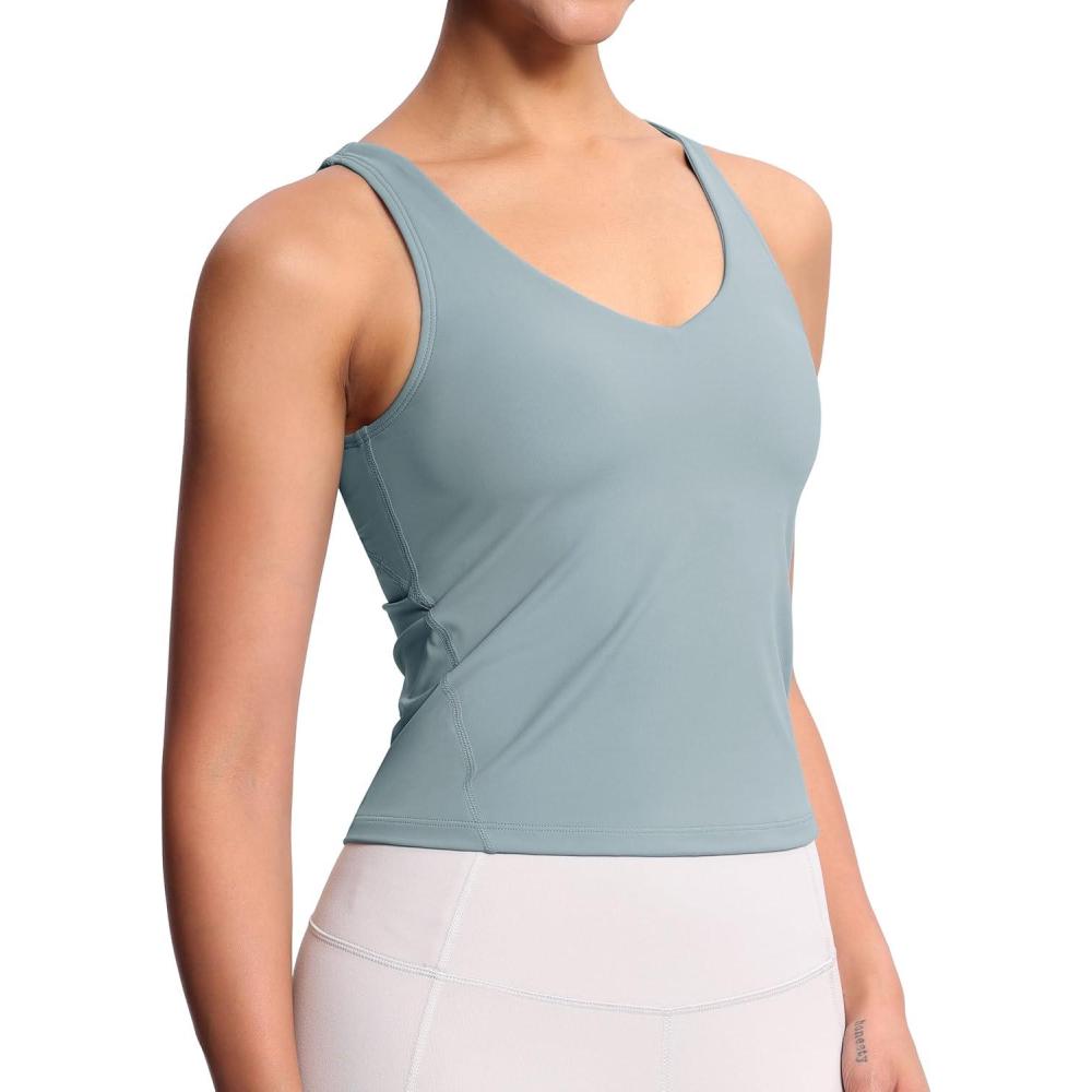 imageTHE GYM PEOPLE Womens Longline Sports Bra Wirefree Padded Workout Yoga Tank TopDenim Blue