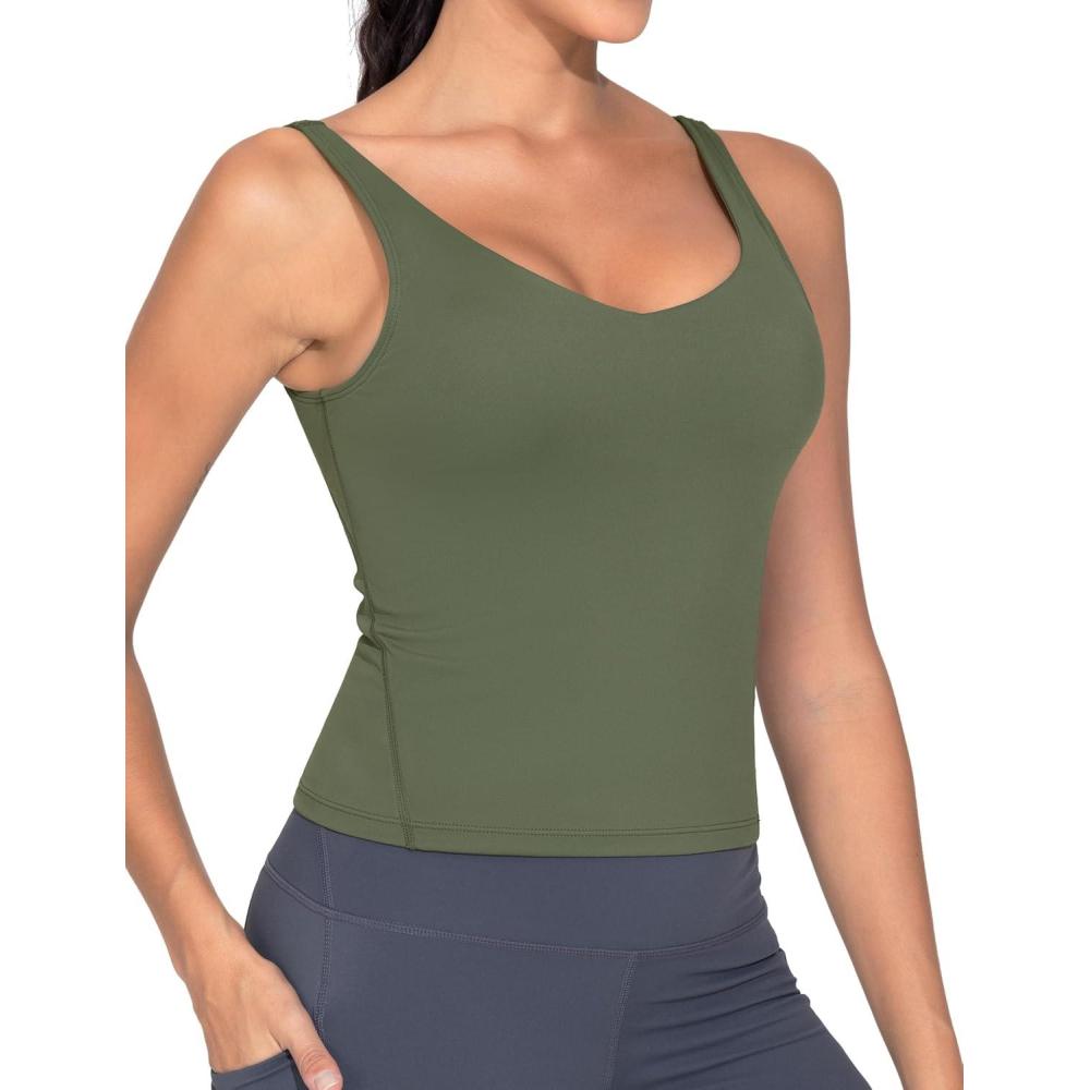 imageTHE GYM PEOPLE Womens Longline Sports Bra Wirefree Padded Workout Yoga Tank TopOlive Green