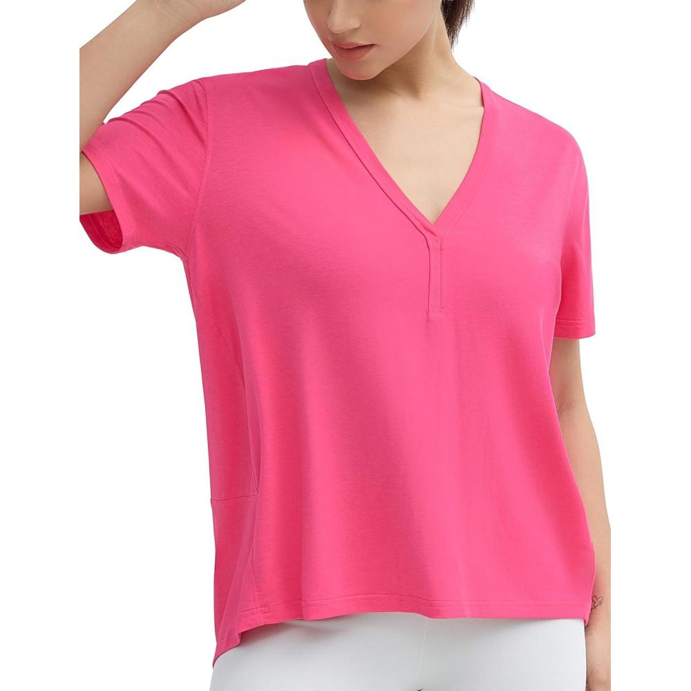 imageTHE GYM PEOPLE Womens Loose Fit Workout TShirts V Neck Short Sleeve Running Yoga Lounge Tee TopsBright Pink