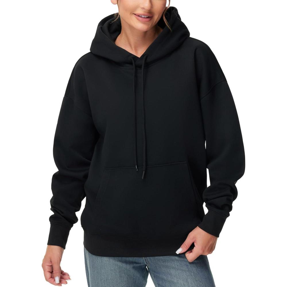 imageTHE GYM PEOPLE Womens Oversized Hoodie Lightweight Soft Drawstring Pullover Sweatshirt with PocketsBlack