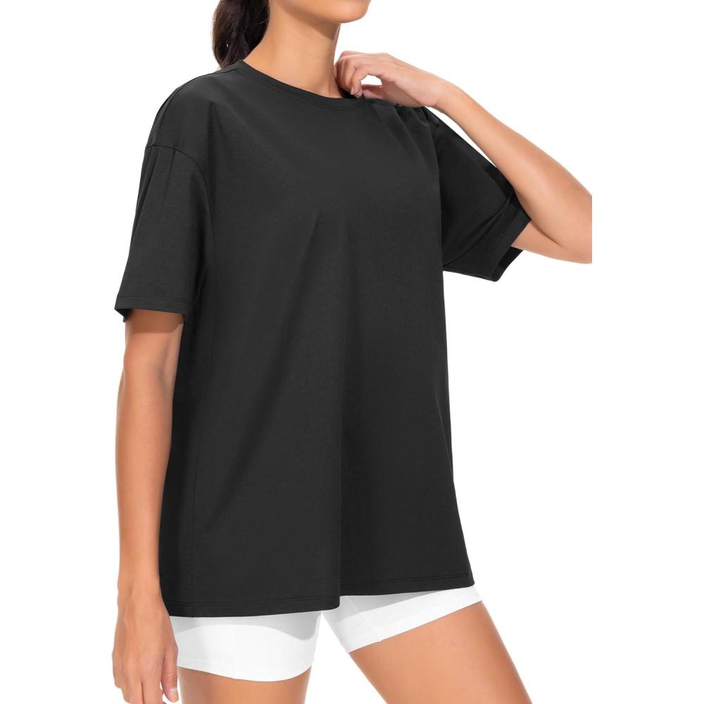 imageTHE GYM PEOPLE Womens Oversized T Shirts Summer Casual Short Sleeve Tops Crewneck Loose Workout Basic TeesBlack