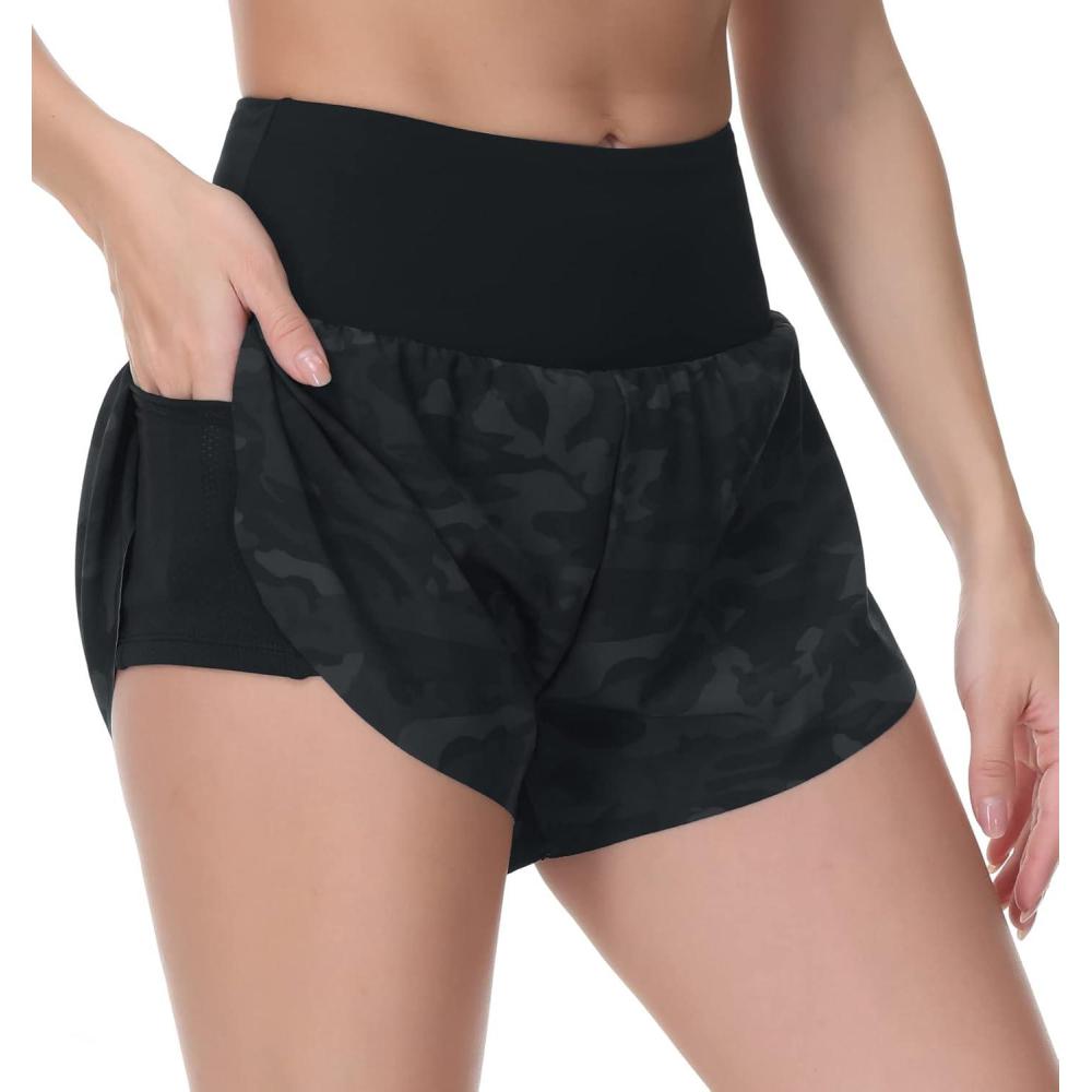 imageTHE GYM PEOPLE Womens Quick Dry Running Shorts Mesh Liner High Waisted Tennis Workout Shorts Zipper PocketsCamo Black