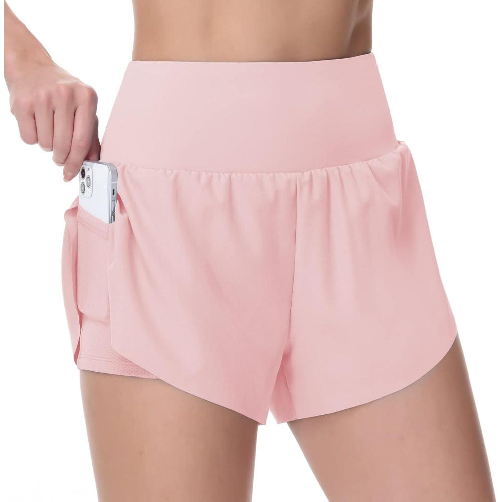 imageTHE GYM PEOPLE Womens Quick Dry Running Shorts Mesh Liner High Waisted Tennis Workout Shorts Zipper PocketsPink