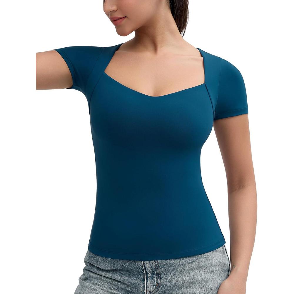 imageTHE GYM PEOPLE Womens Scoop Neck T Shirts Short Sleeve Slim Fit Workout Cool Tee TopsDark Blue Green
