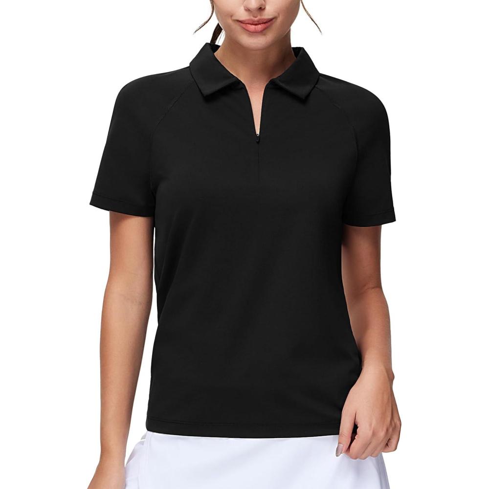 imageTHE GYM PEOPLE Womens Short Sleeve Polo Shirts Zip Up Quick Dry Breathable Collared Golf Workout TopsBlack