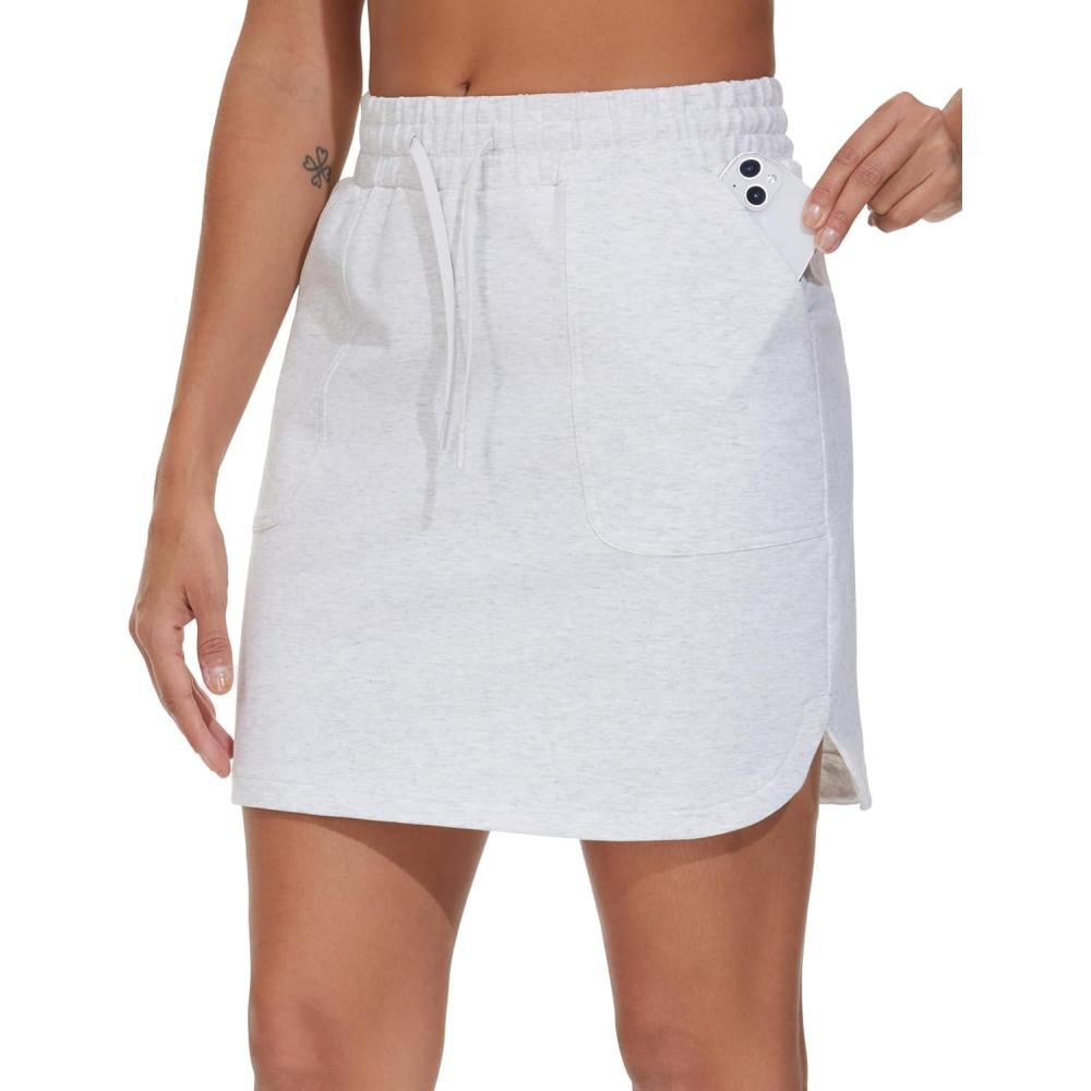 imageTHE GYM PEOPLE Womens Sweat Skirts Drawstring Cotton Casual Work Lounge Jersey Skirt with Square PocketsHeather White