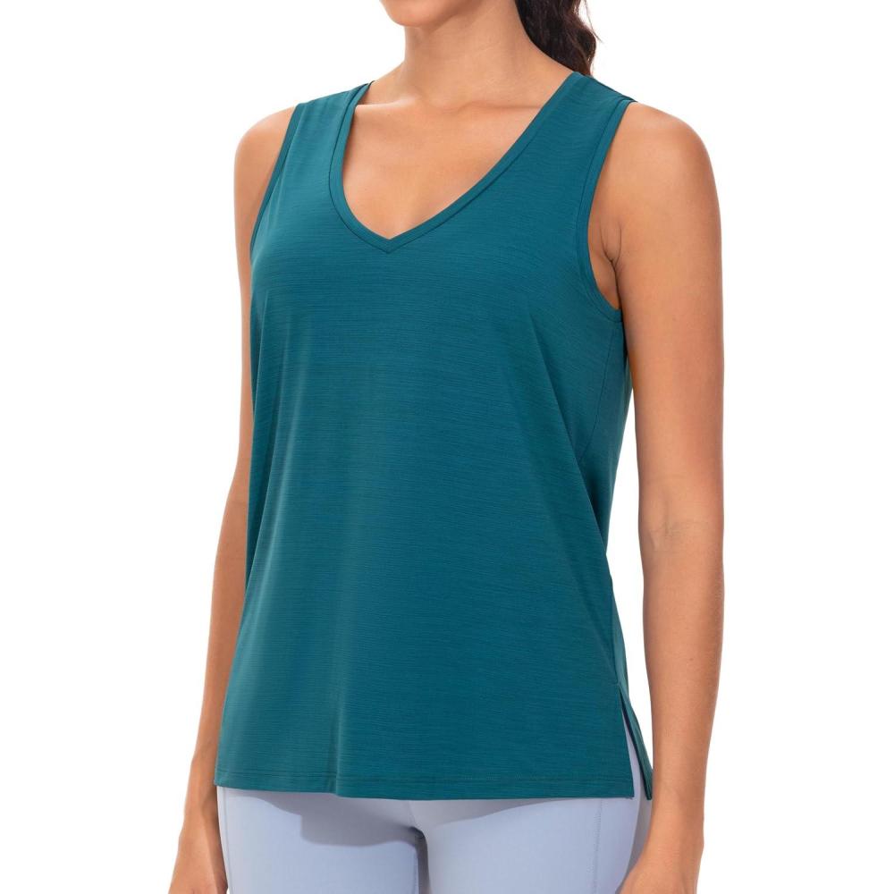 imageTHE GYM PEOPLE Womens V Neck Tank Tops Stretchy Loose Fit Sleeveless Workout Shirts Quick Dry Yoga Tops with Side SplitDark Blue Green