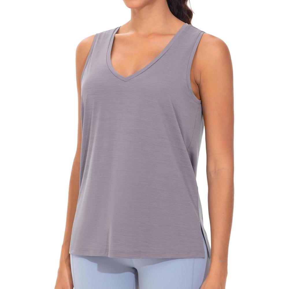 imageTHE GYM PEOPLE Womens V Neck Tank Tops Stretchy Loose Fit Sleeveless Workout Shirts Quick Dry Yoga Tops with Side SplitGrey Purple