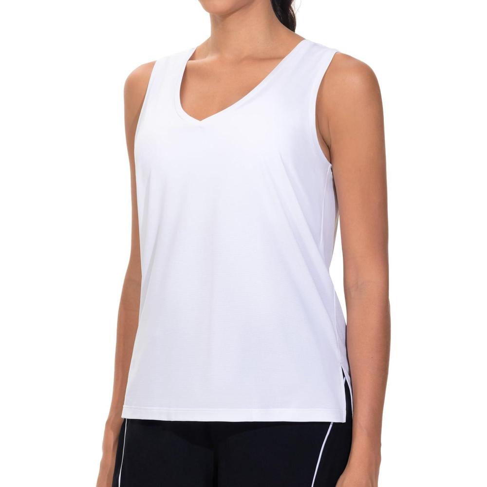 imageTHE GYM PEOPLE Womens V Neck Tank Tops Stretchy Loose Fit Sleeveless Workout Shirts Quick Dry Yoga Tops with Side SplitWhite