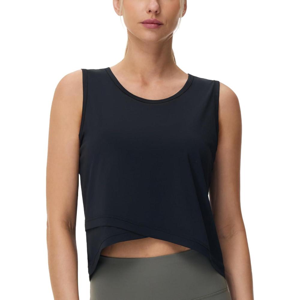 imageTHE GYM PEOPLE Womens Workout Crop Tank Tops Sleeveless Cross Hem Loose Fit Athletic Yoga ShirtsBlack