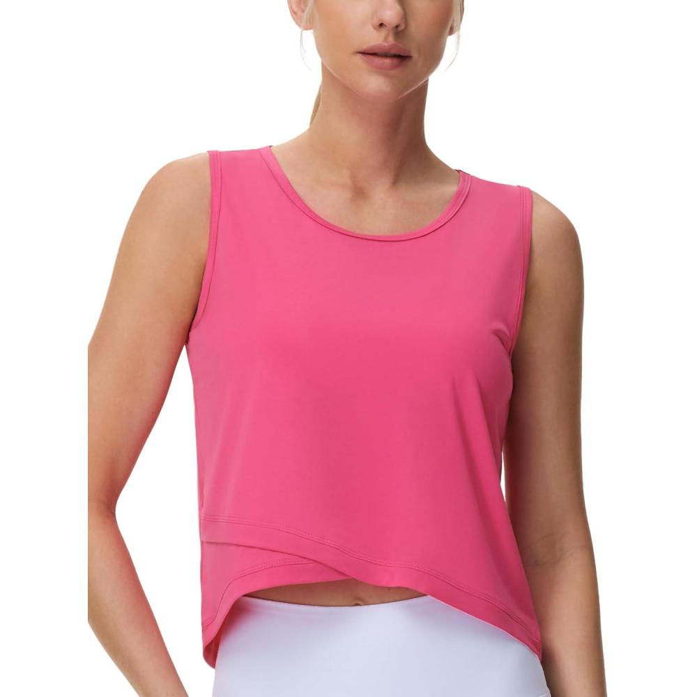 imageTHE GYM PEOPLE Womens Workout Crop Tank Tops Sleeveless Cross Hem Loose Fit Athletic Yoga ShirtsBright Pink