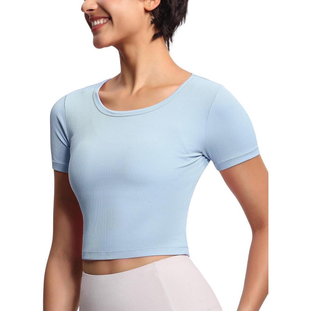 imageTHE GYM PEOPLE Womens Workout Crop Tops Short Sleeve Ribbed Ice Silk Fabric Slim Fit Square Neck Running ShirtsLight Blue