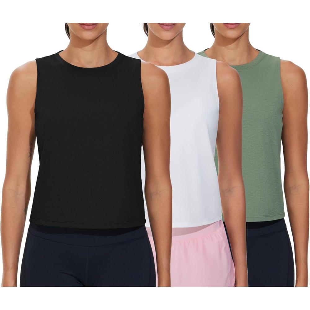 imageTHE GYM PEOPLE Womens Workout Tank Tops 3 Pack Quick Dry Athletic Running Sleeveless ShirtsBlackWhiteGreen