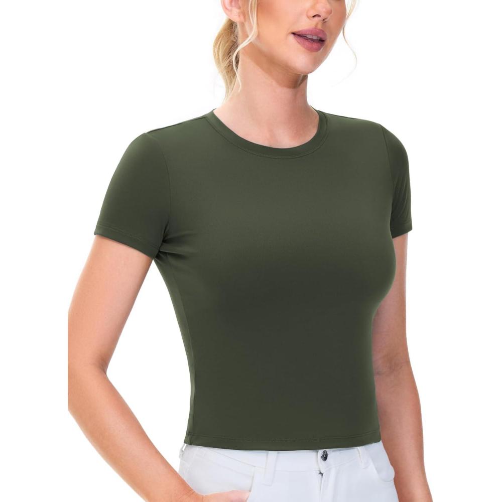 imageTHE GYM PEOPLE Womens Workout Tops Short Sleeve Slim Fit Breathable Athletic Yoga Running Casual Basic Tee ShirtsDark Olive