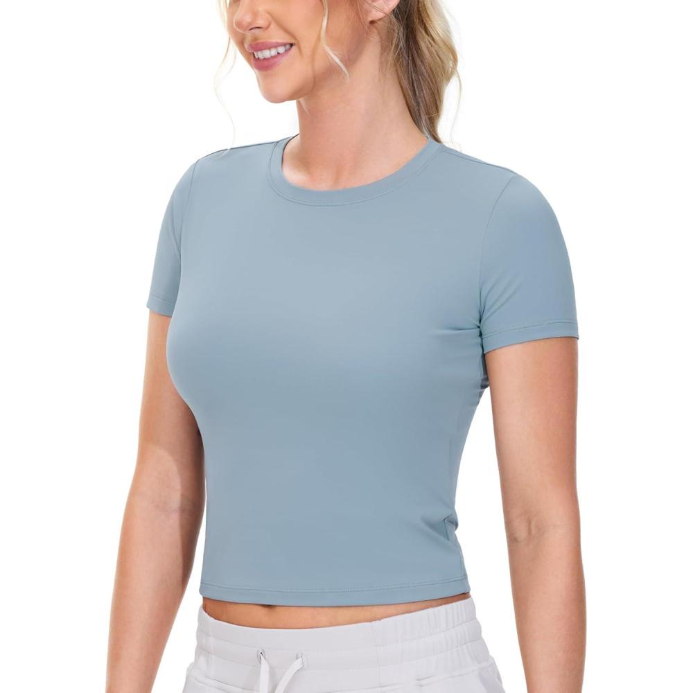 imageTHE GYM PEOPLE Womens Workout Tops Short Sleeve Slim Fit Breathable Athletic Yoga Running Casual Basic Tee ShirtsDenim Blue