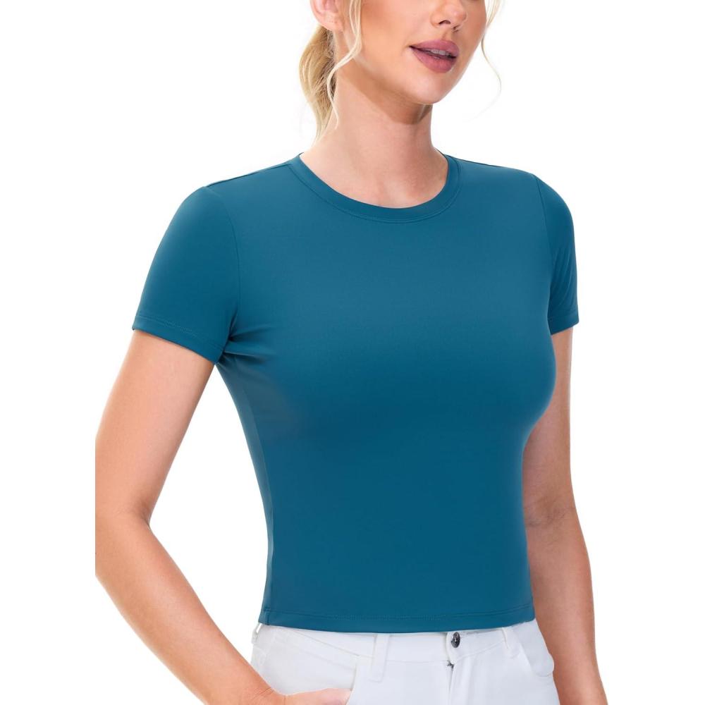imageTHE GYM PEOPLE Womens Workout Tops Short Sleeve Slim Fit Breathable Athletic Yoga Running Casual Basic Tee ShirtsGreen Blue