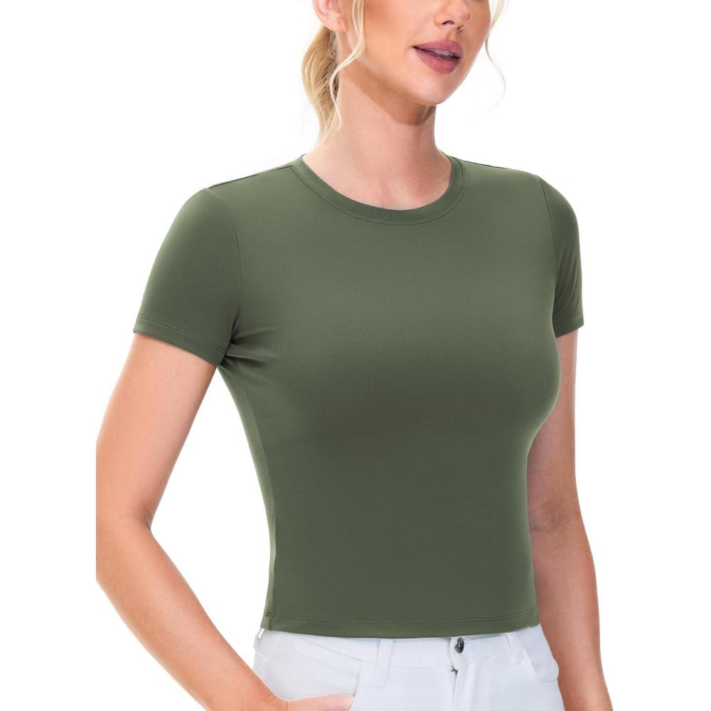 imageTHE GYM PEOPLE Womens Workout Tops Short Sleeve Slim Fit Breathable Athletic Yoga Running Casual Basic Tee ShirtsOlive Green