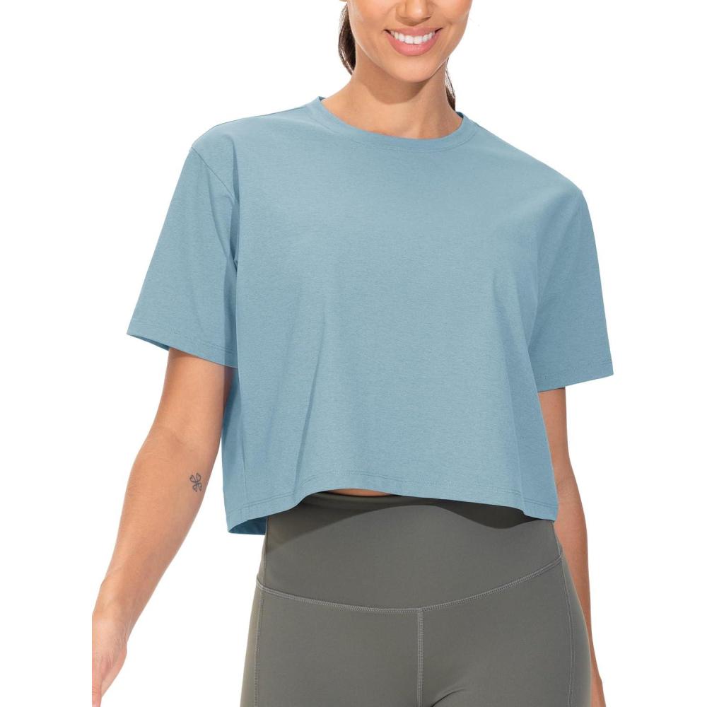 imageTHE GYM PEOPLE Workout Crop Tops for Women Short Sleeve Shirts Loose Fit Yoga Athletic Basic Cropped TShirtsInk Blue