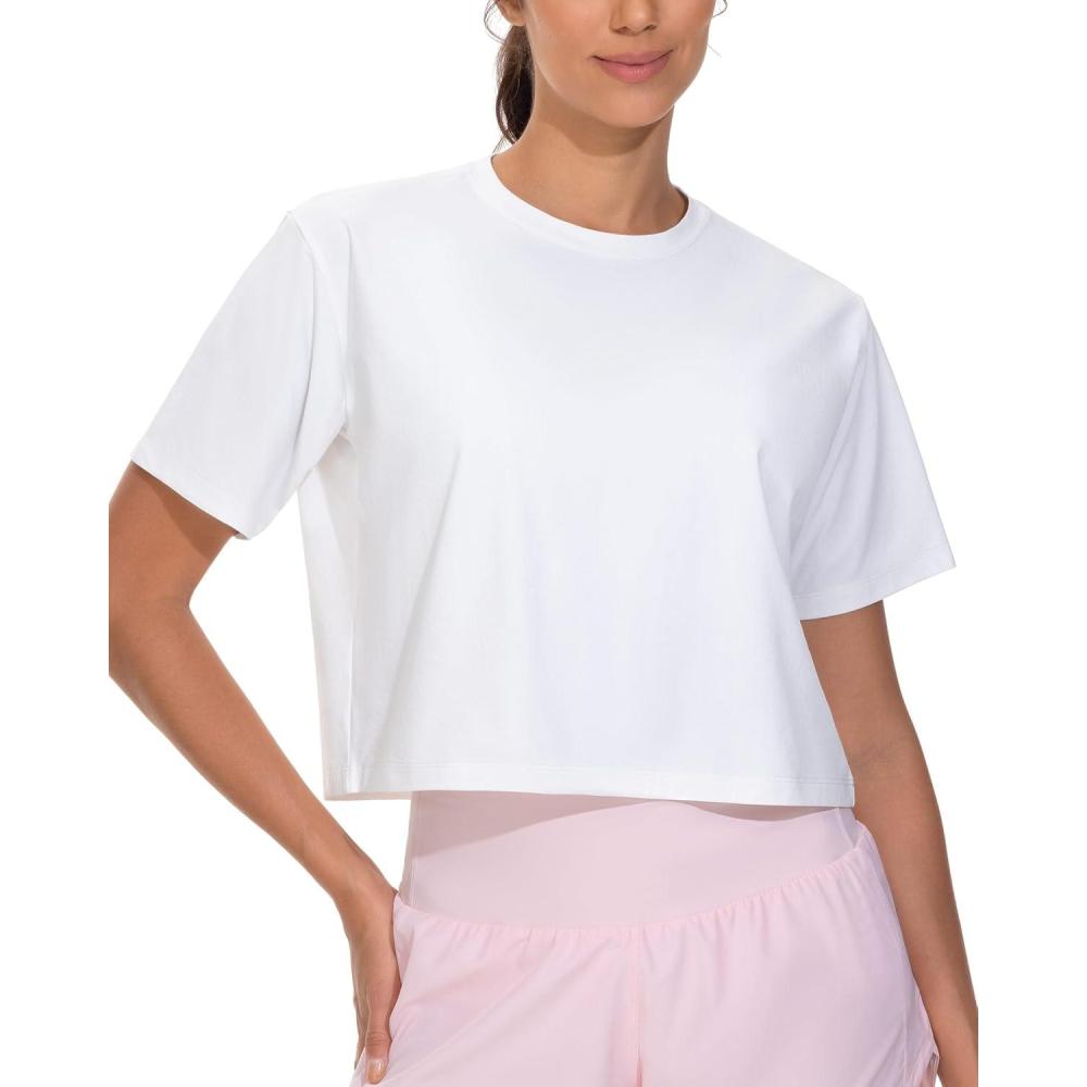 imageTHE GYM PEOPLE Workout Crop Tops for Women Short Sleeve Shirts Loose Fit Yoga Athletic Basic Cropped TShirtsWhite