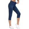 imageTHE GYM PEOPLE Womens Cross Waisted Stretchy Capri Denim Jeggings Tummy Control Skinny Jean Leggings with PocketsDark Blue