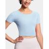 imageTHE GYM PEOPLE Womens Workout Crop Tops Short Sleeve Ribbed Ice Silk Fabric Slim Fit Square Neck Running ShirtsLight Blue