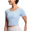 imageTHE GYM PEOPLE Womens Workout Crop Tops Short Sleeve Ribbed Ice Silk Fabric Slim Fit Square Neck Running ShirtsLight Blue